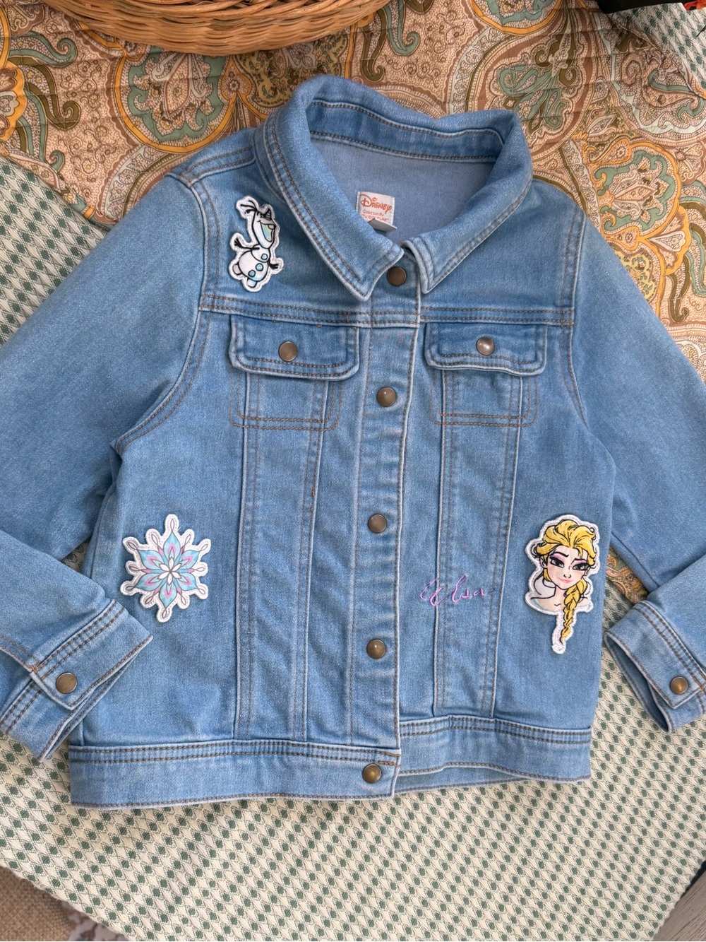 Disney Frozen Elsa Patch Embroidered Denim Jean Jacket Size 7/8